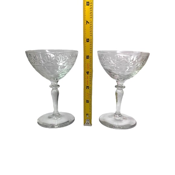 Set of 2 Floral Etched Art Deco Crystal Cut Glass Cocktail Cordial Glasses - Picture 10 of 10